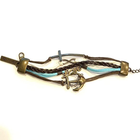 Brown White Aqua Love Cross Anchor Leather Wrap Bracelet 8” - Picture 1 of 3